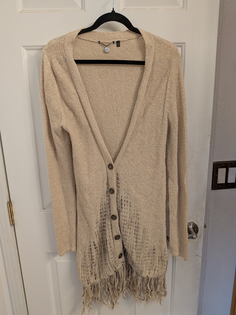 BKE Cream Open-Weave Fringe Button-Front Cardigan